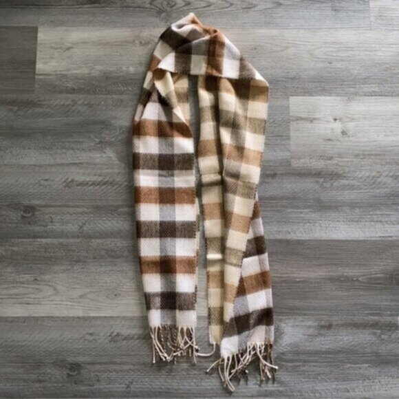 Cashmere Blend Knit Scarf Fringe 12” x 64” Plaid Cream Brown Tan Luxe Soft $175